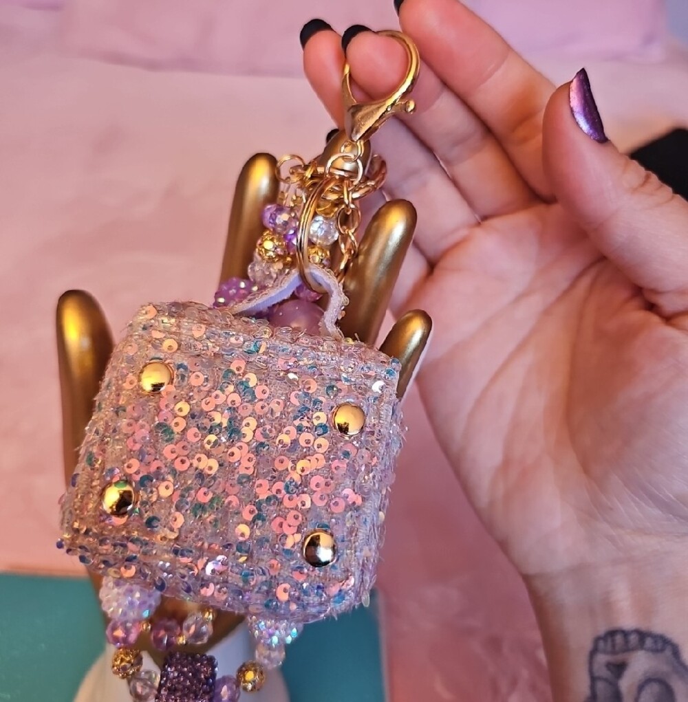 CHARMS: Pink Sequin Mini Bag Charm Keychain with Beaded Strap - Picture 3 of 5